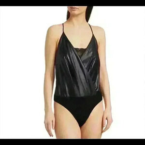 Bailey 44 Adi Bodysuit Size L Faux Leather/lace  Stretch Black Camisole MSRP$188